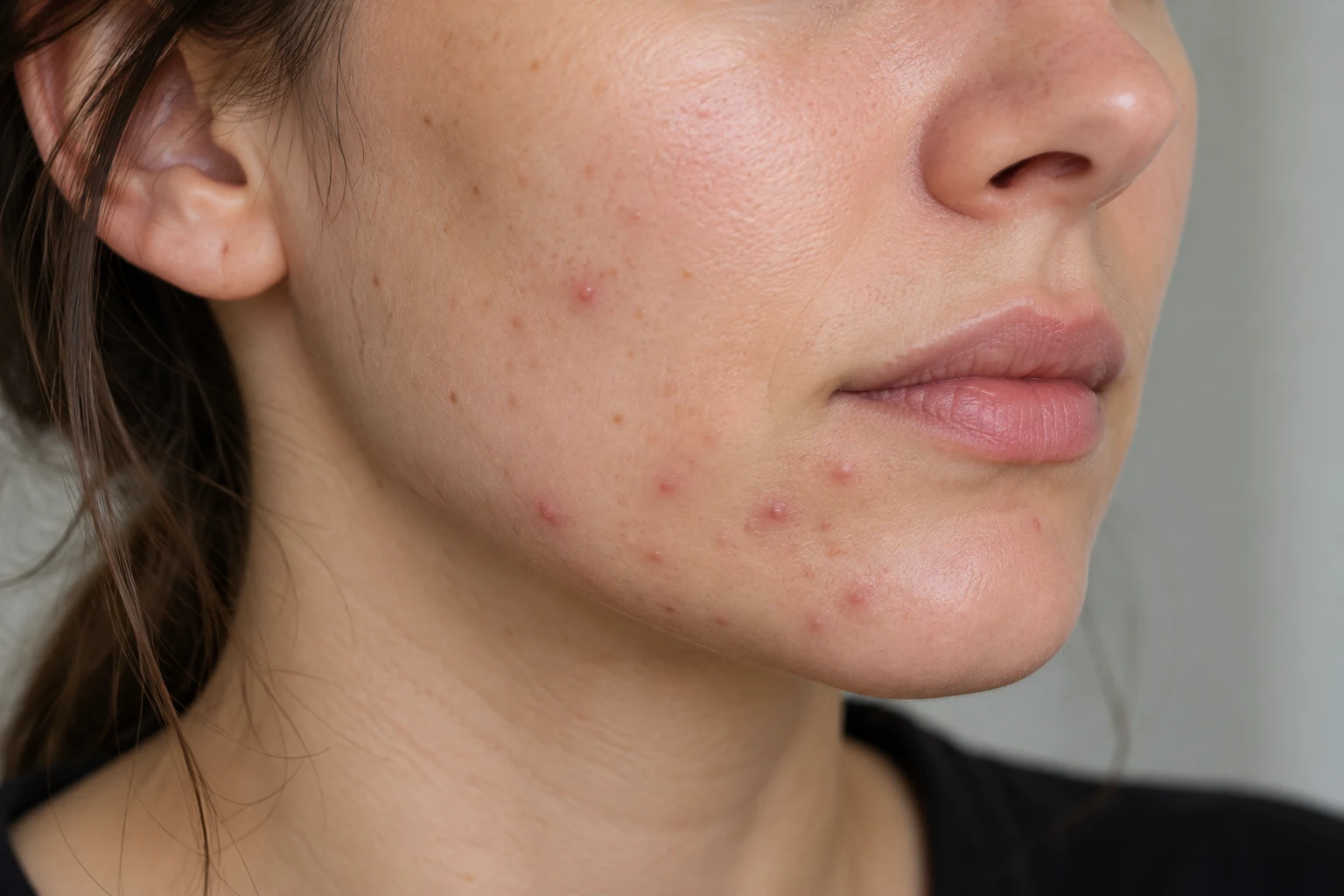Close-up of acne on a woman's chin and lower cheek