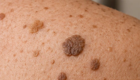 Brown, raised seborrhoeic keratoses on the skin