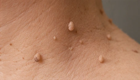 Multiple small skin tags on the neck
