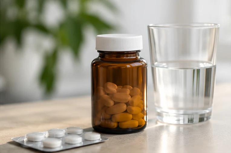 Tablets and a medicine bottle beside a glass of water