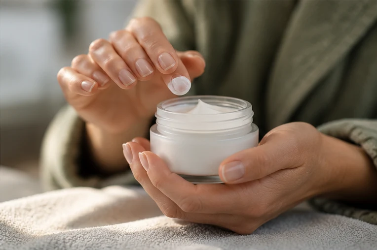 Person taking moisturiser from a jar