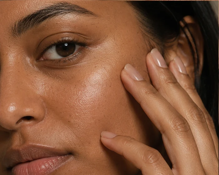 Close-up of a woman gently touching her cheek