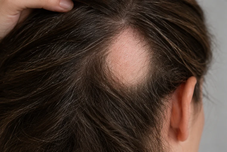 A round patch of hair loss on the scalp