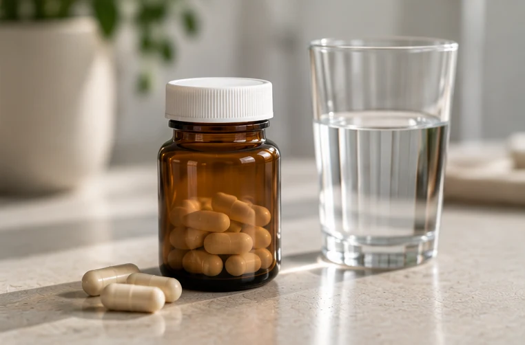 Medicine bottle and capsules beside a glass of water