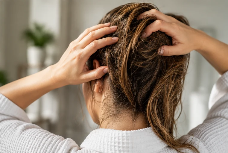Person parting their hair to check the scalp