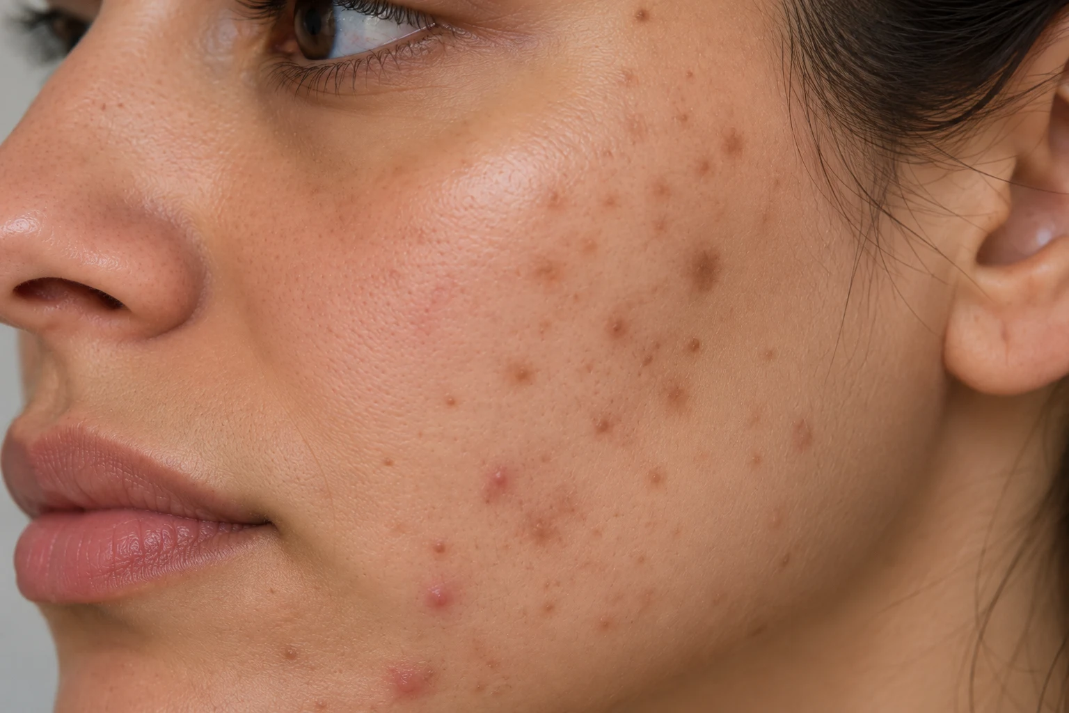 Close-up of brown marks after acne on the cheek