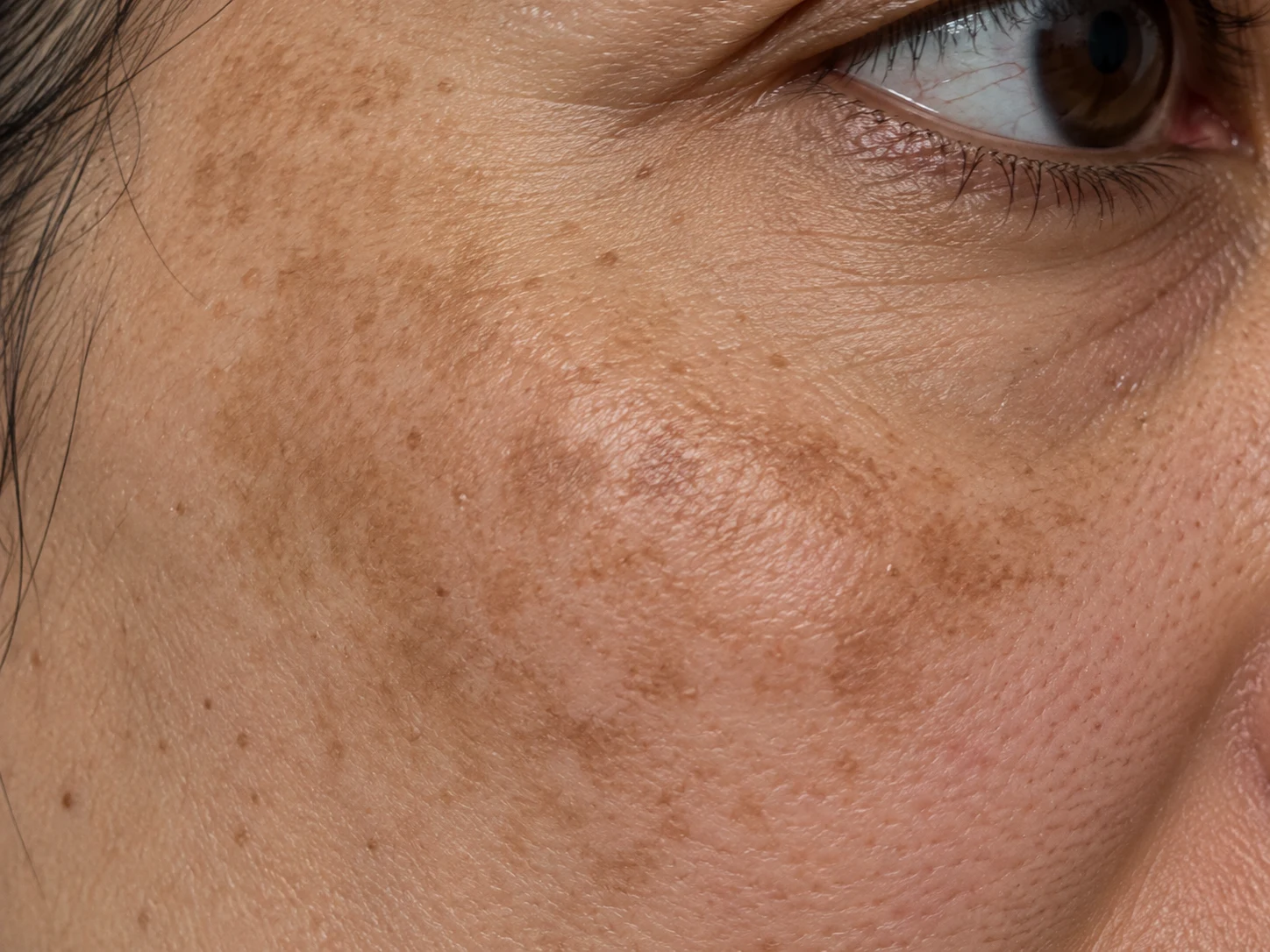 Close-up of facial melasma and pigmentation on the cheek
