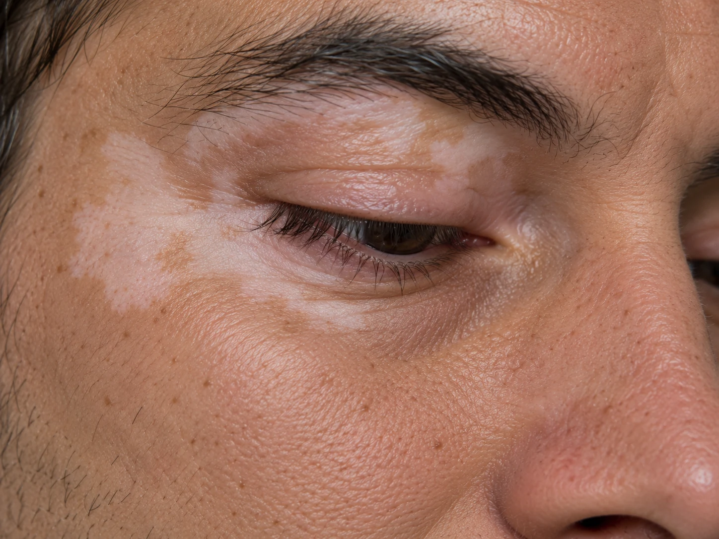 Close-up of vitiligo patches around the eye and cheek