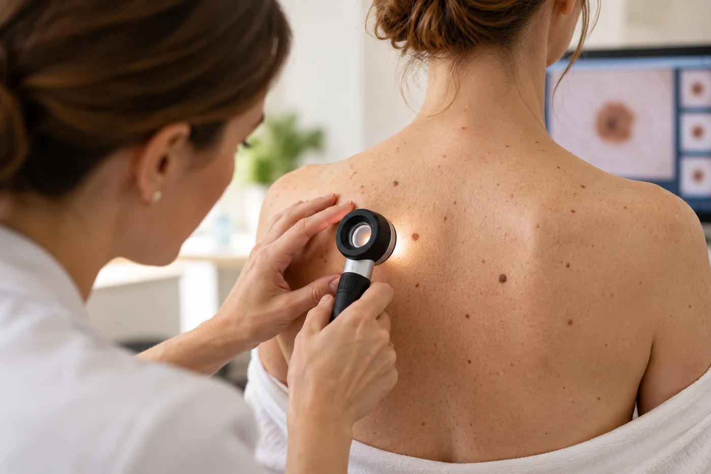 Dermatologist examining moles on a patient's upper back with a dermatoscope