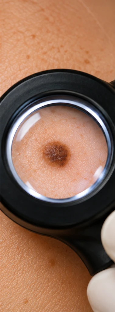 Close-up examination of a mole with a dermatoscope