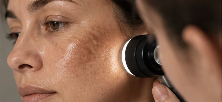 Close-up examination of pigmentation on a cheek
