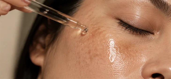 Topical serum being applied to a cheek with a dropper