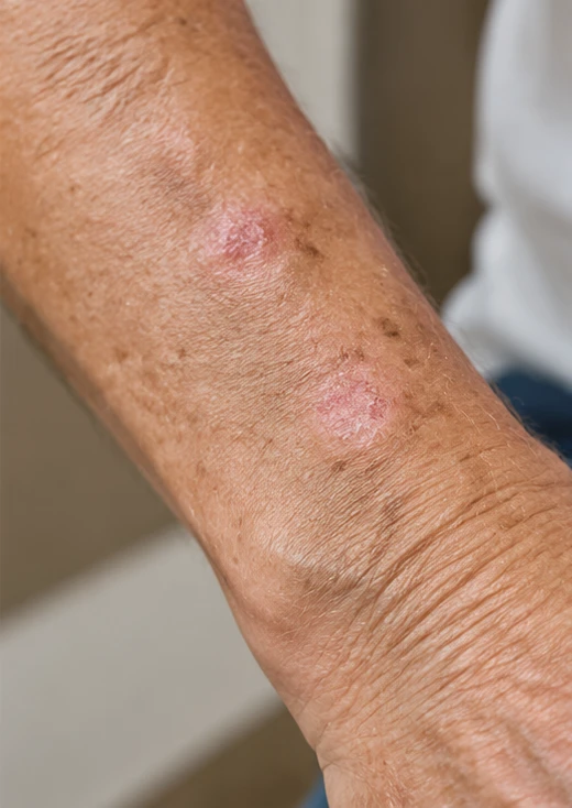 Actinic keratoses: rough pink sun-damaged patches on the forearm