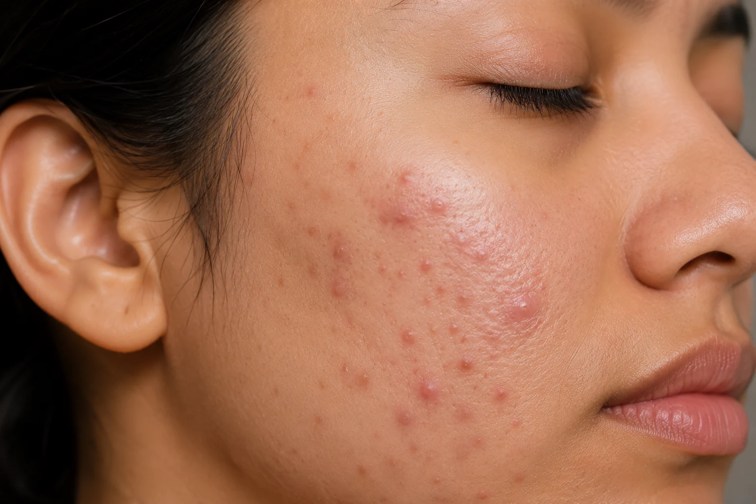 Close-up of acne and natural skin texture on the cheek