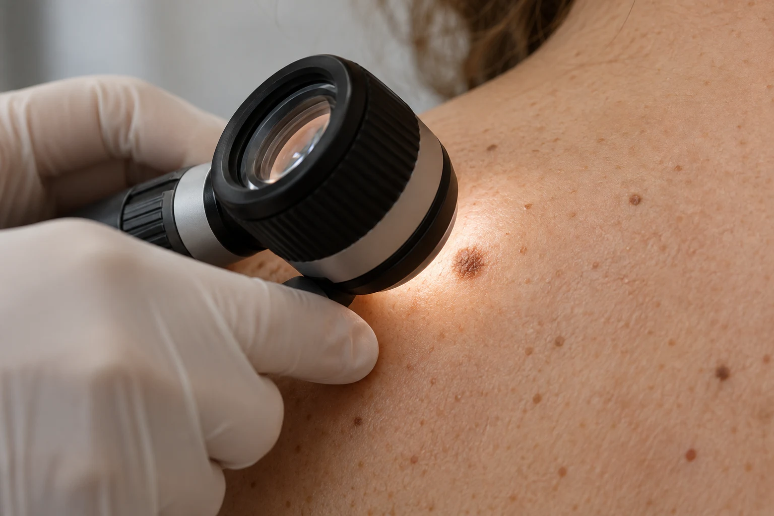 Dermatoscope examining a mole on the skin